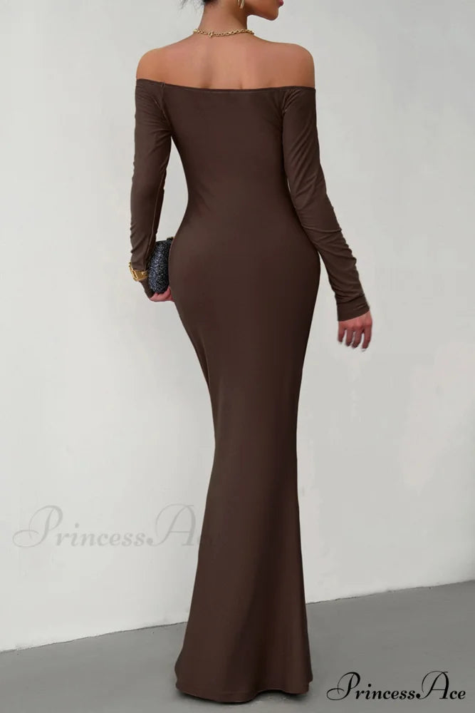 Off Shoulder Fishtail Dress Coffee / XL