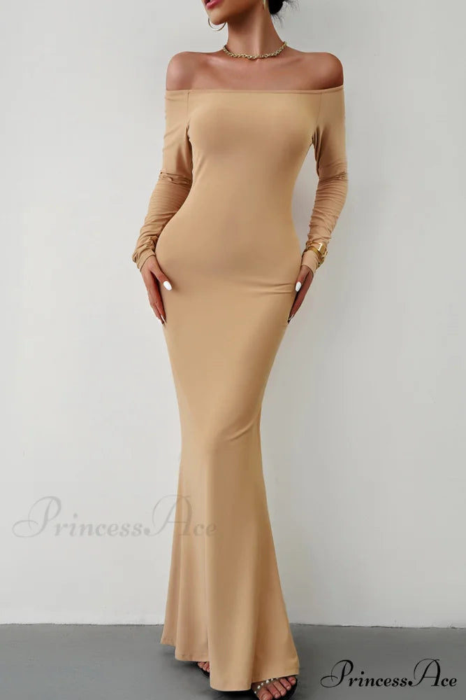 Off Shoulder Fishtail Dress Khaki / M