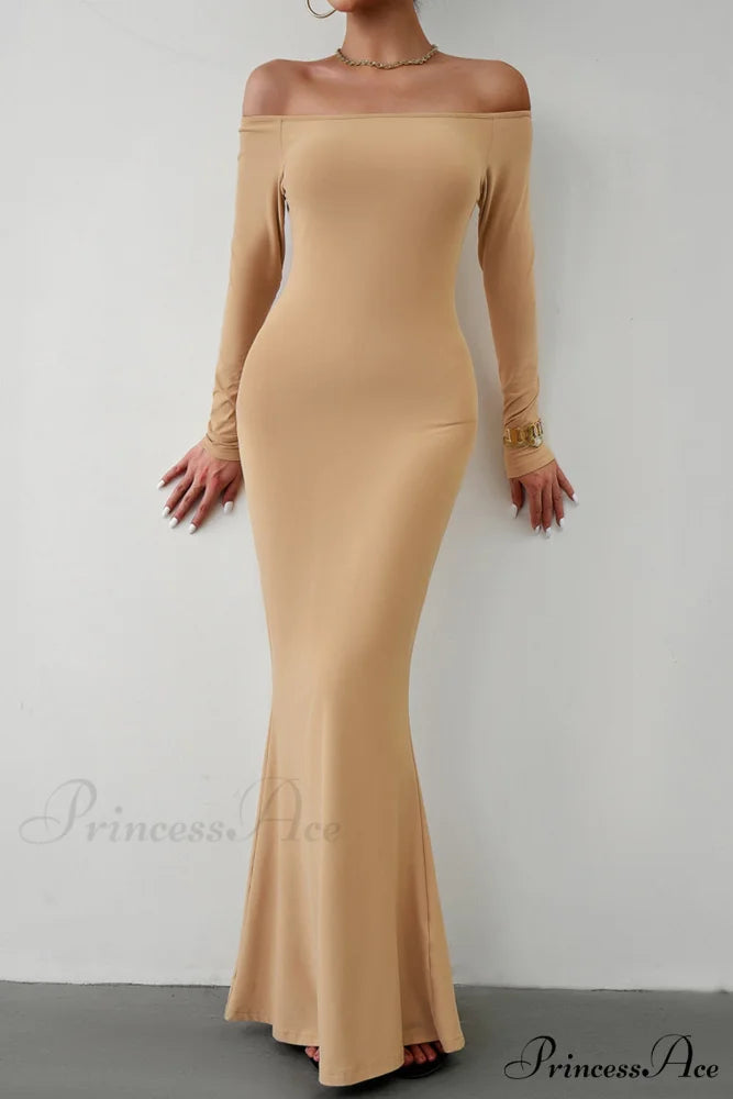 Off Shoulder Fishtail Dress Khaki / S