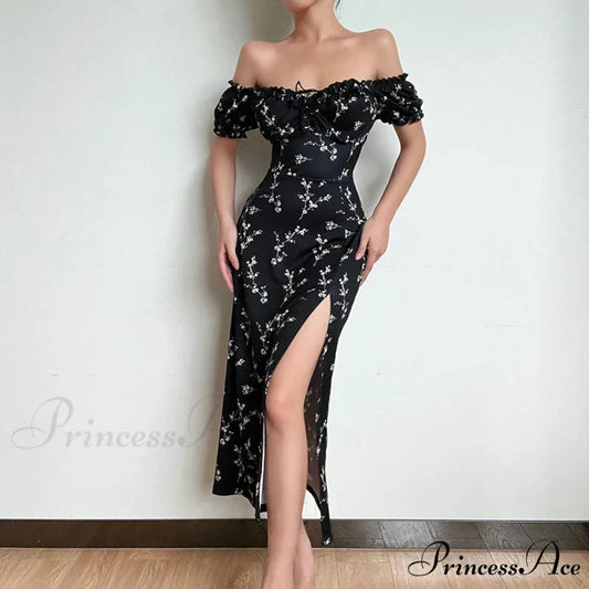 Off Shoulder Flower Print High Split Elegant Long Backless Bodycon Summer Floral Dress Black / XS