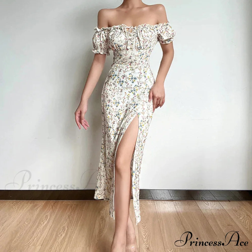 Off Shoulder Flower Print High Split Elegant Long Backless Bodycon Summer Floral Dress camel / XS