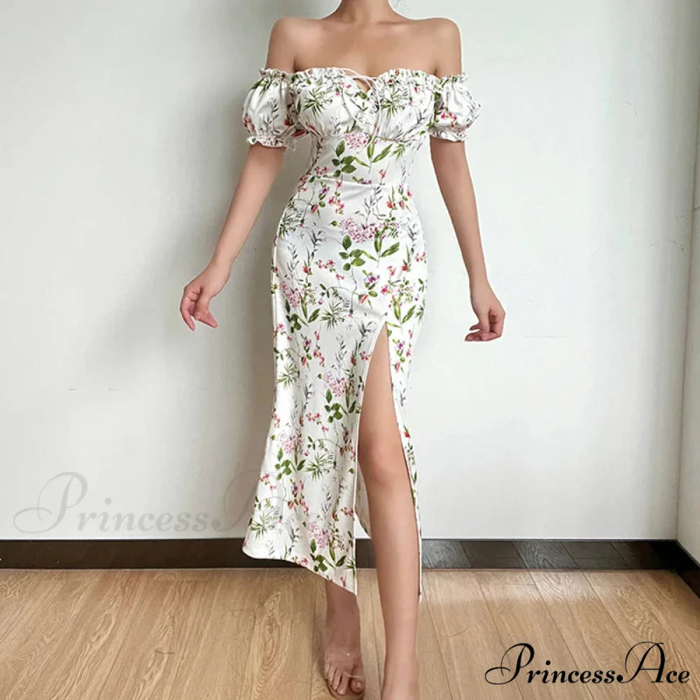 Off Shoulder Flower Print High Split Elegant Long Backless Bodycon Summer Floral Dress WHITE / XS