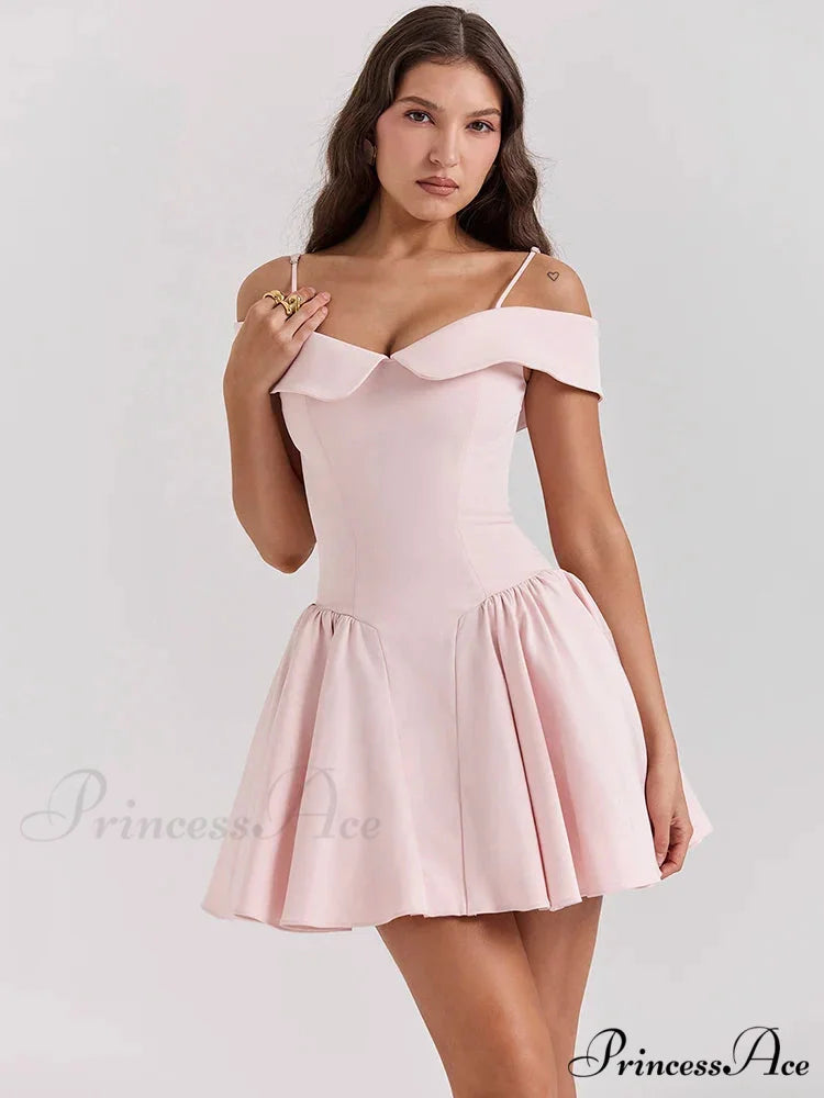 Off-Shoulder Frill Stylish Mini Dress Pink / L