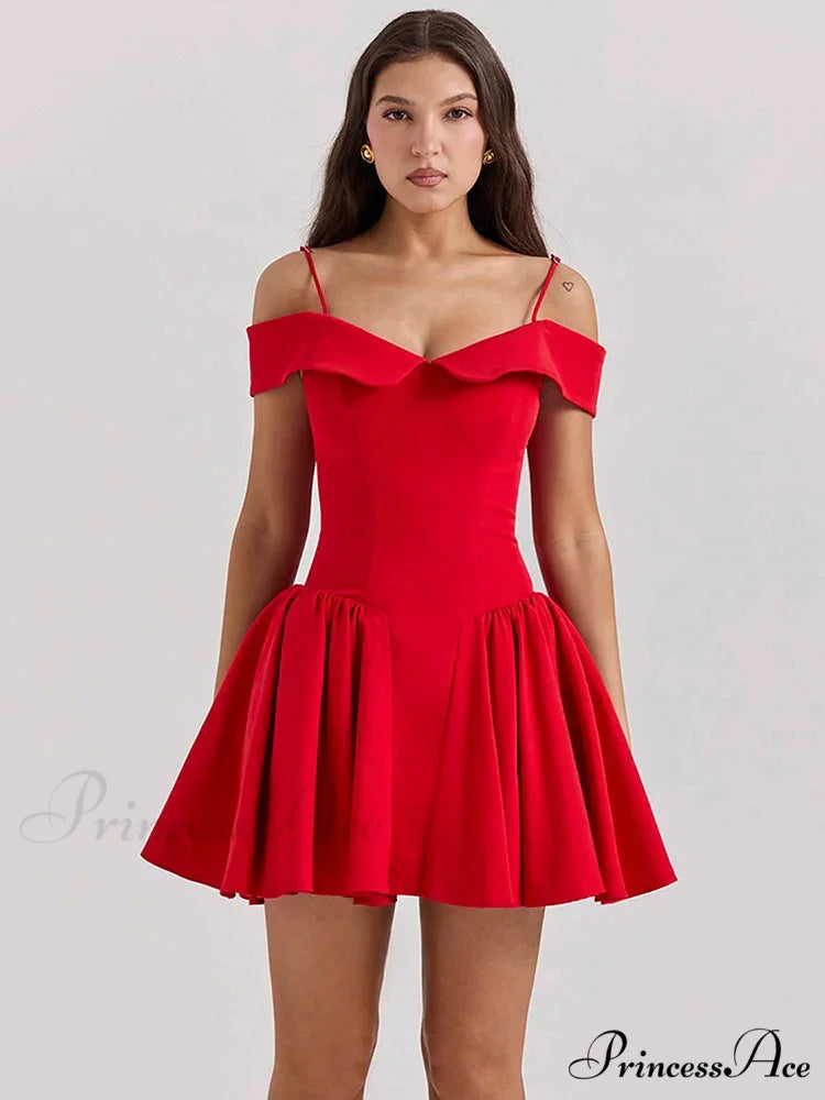Off-Shoulder Frill Stylish Mini Dress Red / L