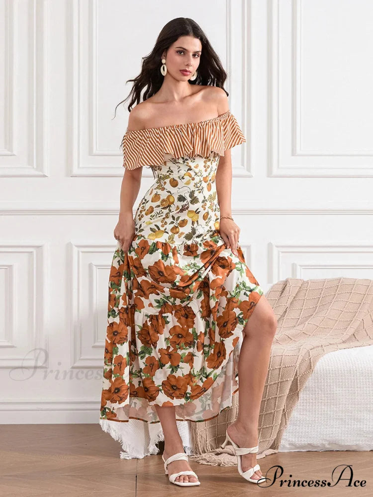 Off-Shoulder Frilled Gathered Retro Striped Fruit Flower Floral Dress floraldress-250126