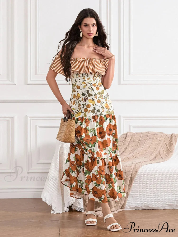 Off-Shoulder Frilled Gathered Retro Striped Fruit Flower Floral Dress floraldress-250126