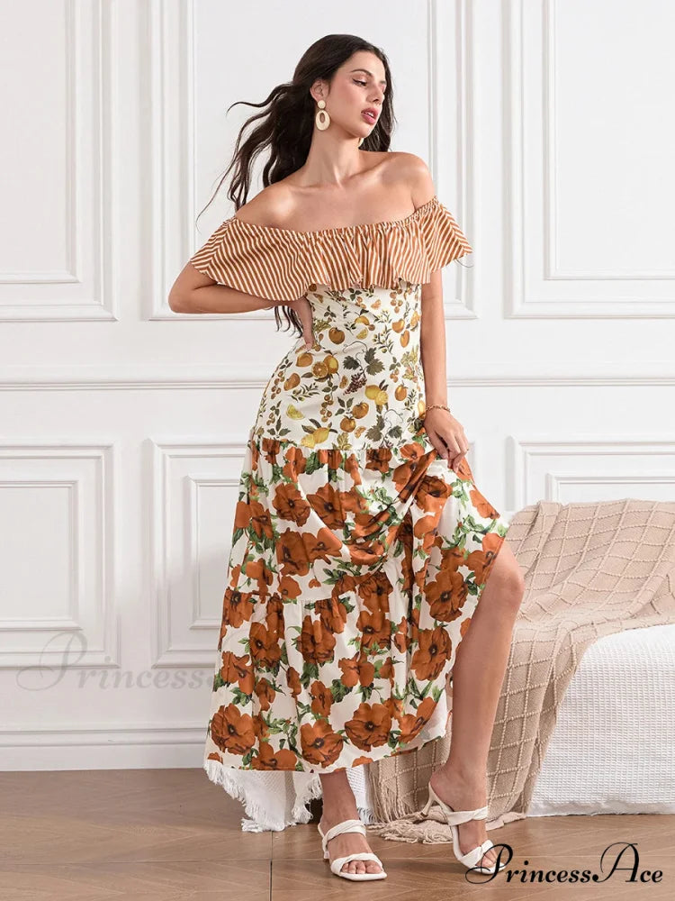 Off-Shoulder Frilled Gathered Retro Striped Fruit Flower Floral Dress floraldress-250126