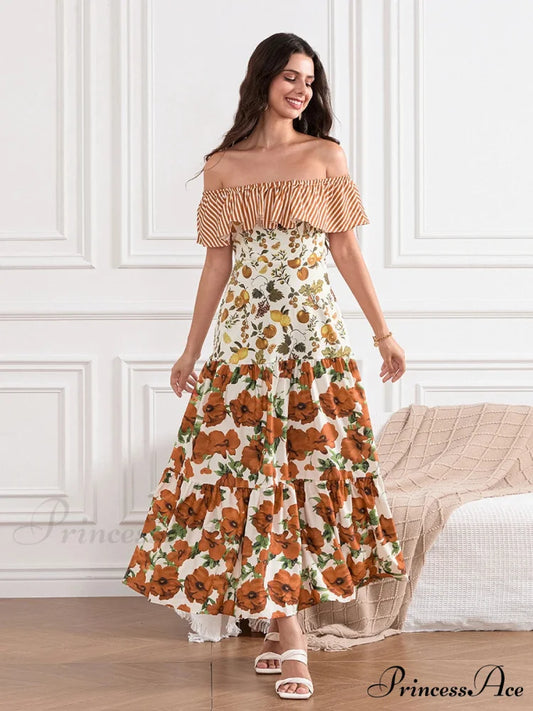Off-Shoulder Frilled Gathered Retro Striped Fruit Flower Floral Dress floraldress-250126