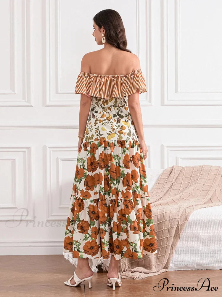 Off-Shoulder Frilled Gathered Retro Striped Fruit Flower Floral Dress floraldress-250126