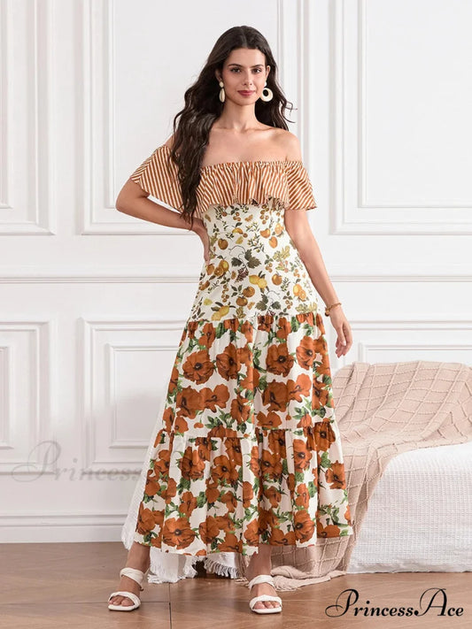 Off-Shoulder Frilled Gathered Retro Striped Fruit Flower Floral Dress MULTI / S floraldress-250126