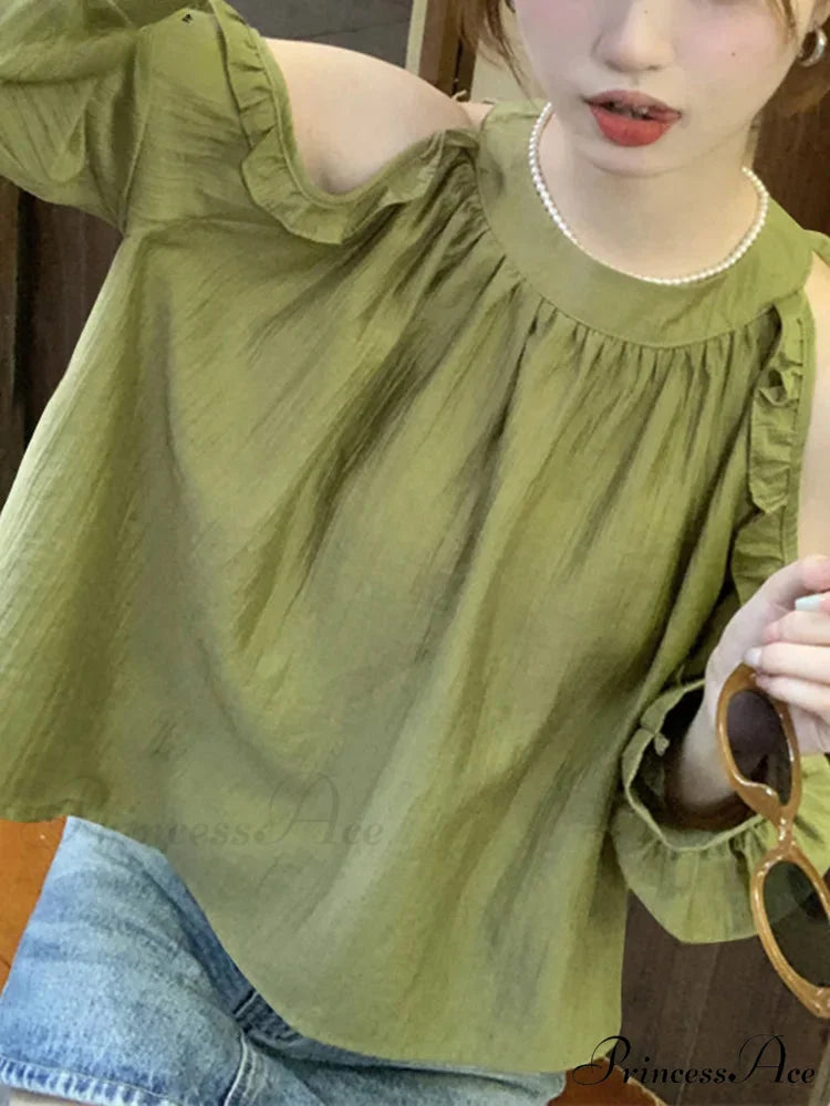 Off-Shoulder Frilled Monochrome Top Army Green / S blouse-250126