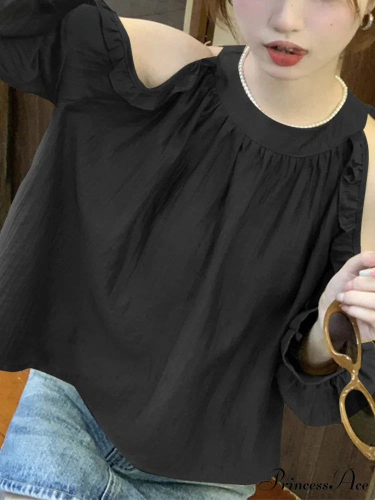 Off-Shoulder Frilled Monochrome Top Black / S blouse-250126