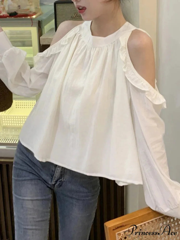 Off-Shoulder Frilled Monochrome Top WHITE / S blouse-250126