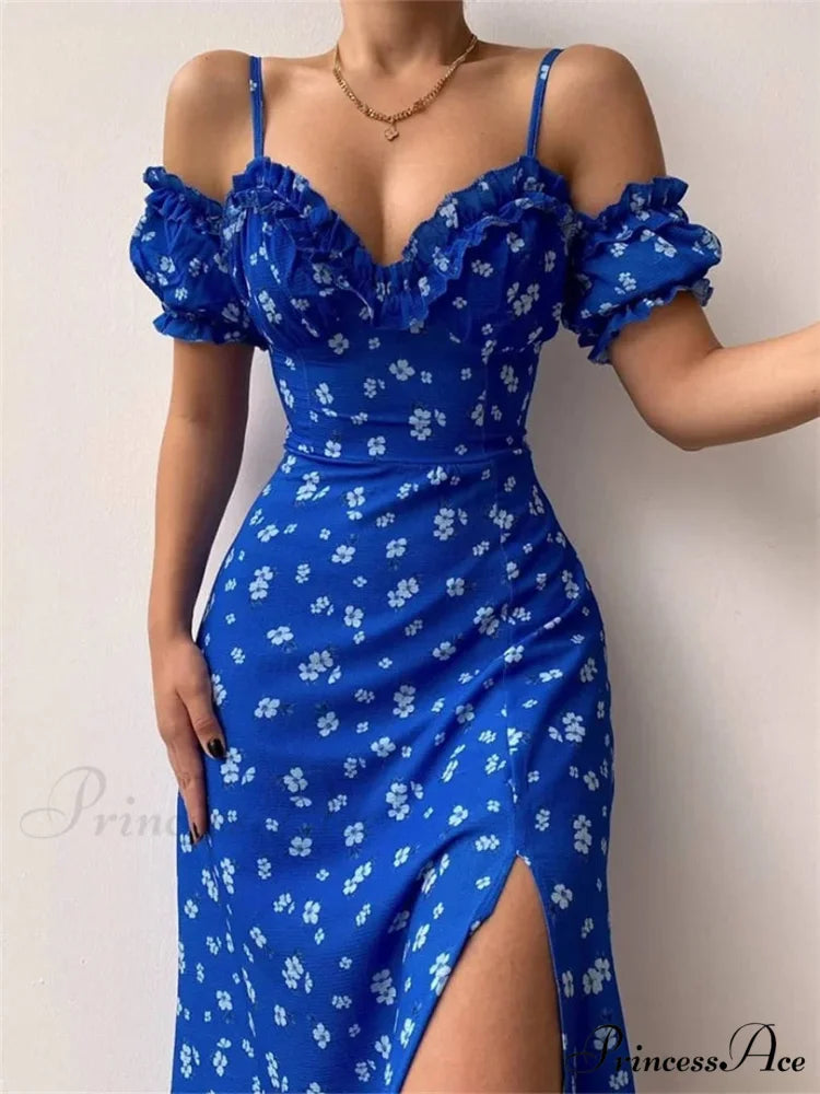 Off Shoulder Frilly Suspender V-neck Split Floral A-Line Midi Dress Blue / S