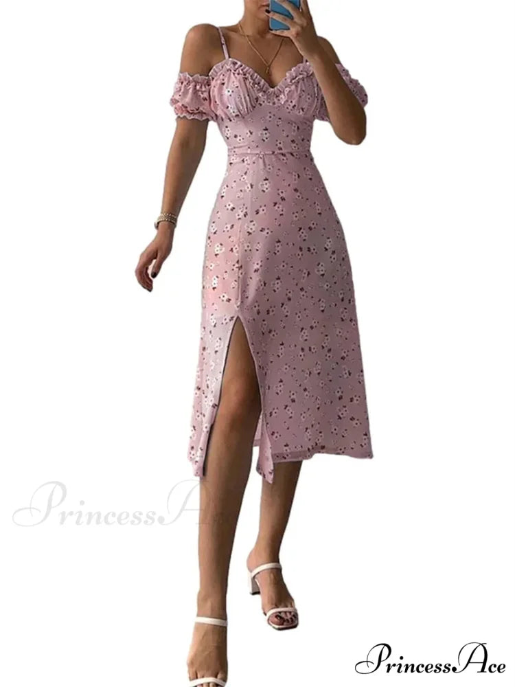 Off Shoulder Frilly Suspender V-neck Split Floral A-Line Midi Dress Pink / S