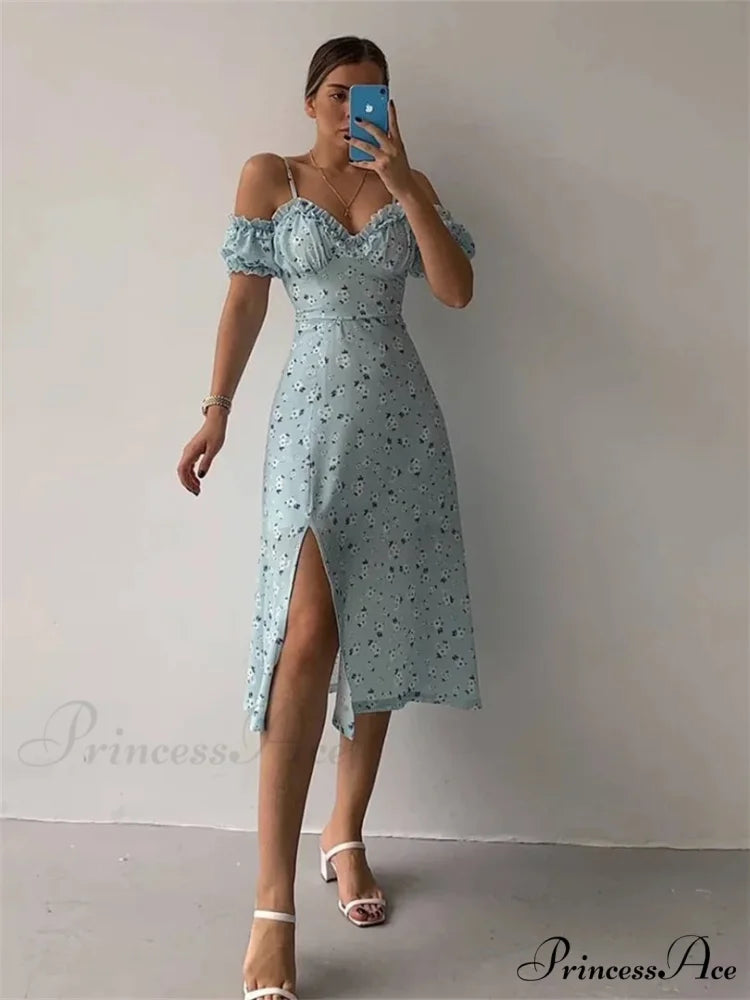 Off Shoulder Frilly Suspender V-neck Split Floral A-Line Midi Dress Sky blue / S