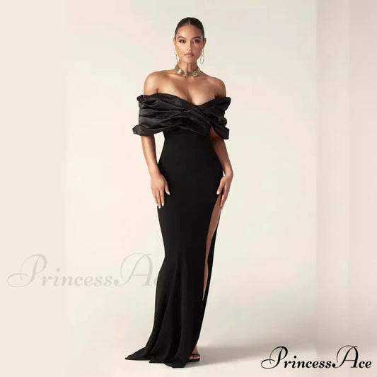 Off-Shoulder Gathered Slit Prom Gown promdress-250223