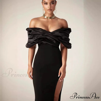 Off-Shoulder Gathered Slit Prom Gown promdress-250223