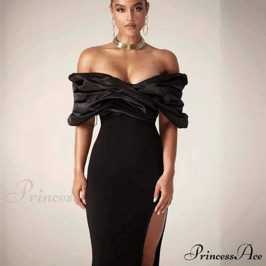 Off-Shoulder Gathered Slit Prom Gown promdress-250223