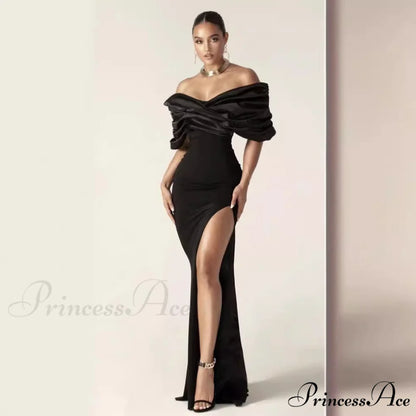 Off-Shoulder Gathered Slit Prom Gown promdress-250223