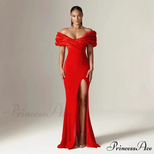 Off Shoulder Gathered Slit Silk Maxi Prom Gown promdress-250223
