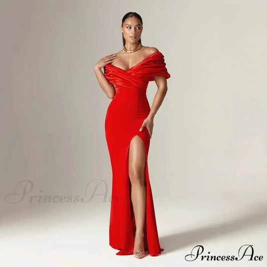 Off Shoulder Gathered Slit Silk Maxi Prom Gown promdress-250223