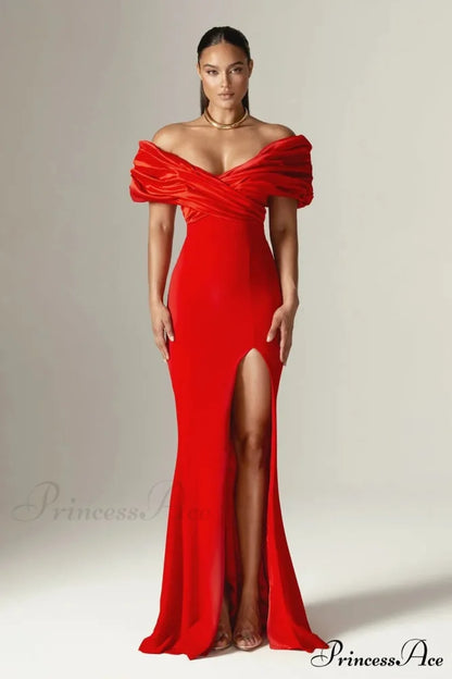 Off Shoulder Gathered Slit Silk Maxi Prom Gown red / S promdress-250223