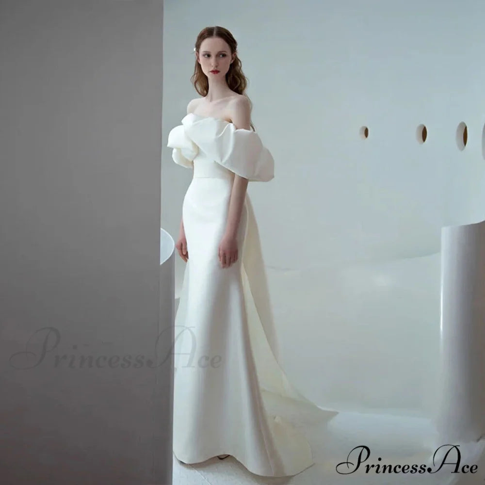 Off-Shoulder Glossy Slim Wedding Gown weddingdress-250223