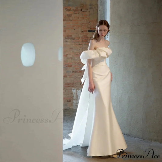 Off-Shoulder Glossy Slim Wedding Gown weddingdress-250223