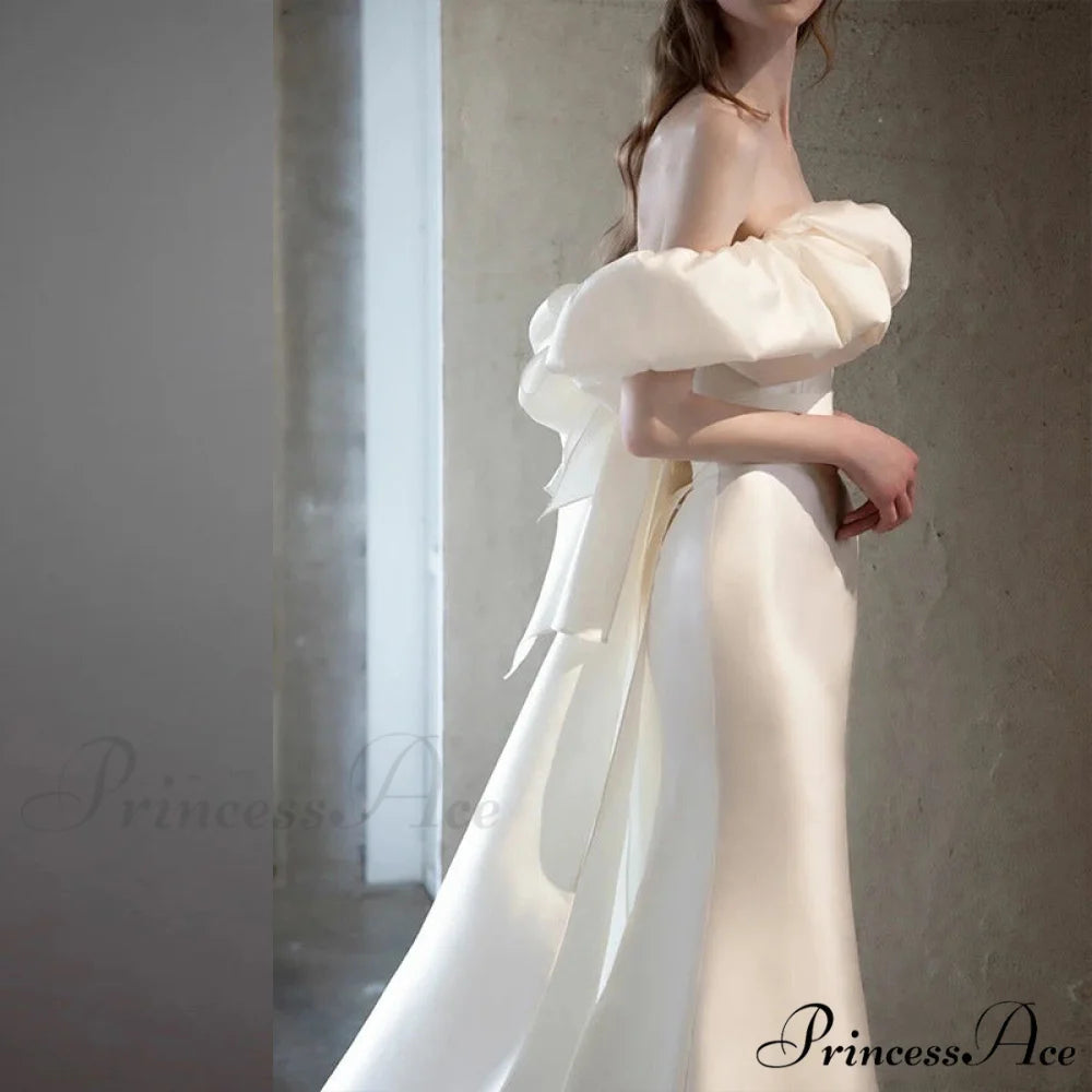 Off-Shoulder Glossy Slim Wedding Gown weddingdress-250223