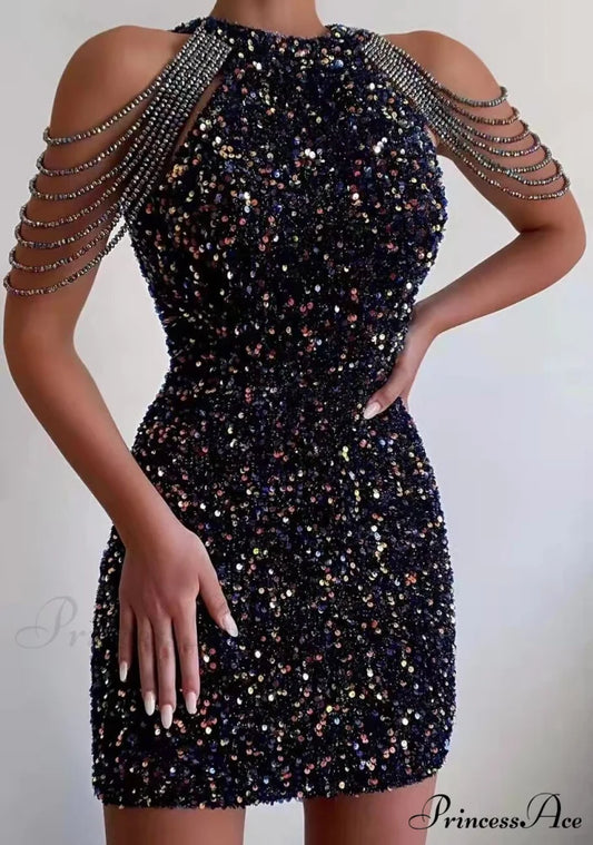 Off Shoulder Gold Sequin Short Party Bodycon Dress CA / S