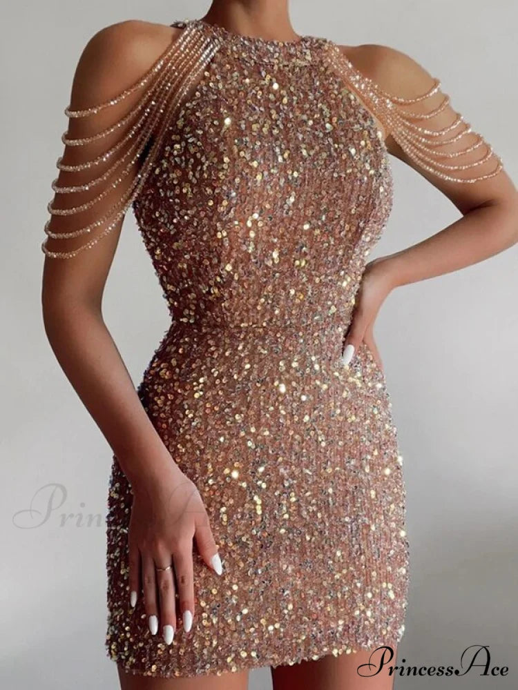 Off Shoulder Gold Sequin Short Party Bodycon Dress PK / S