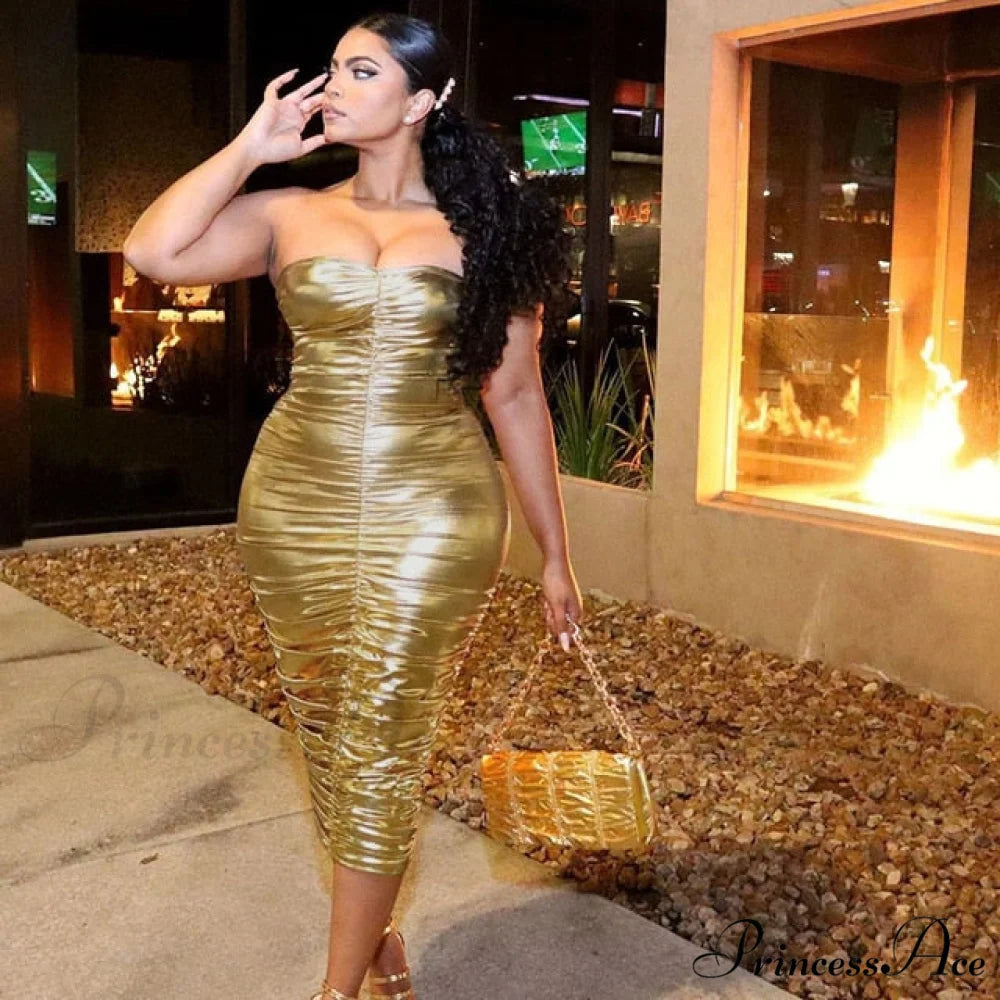 Off Shoulder Golden Wrap Chistmas Sleeveless Dress light gold / L