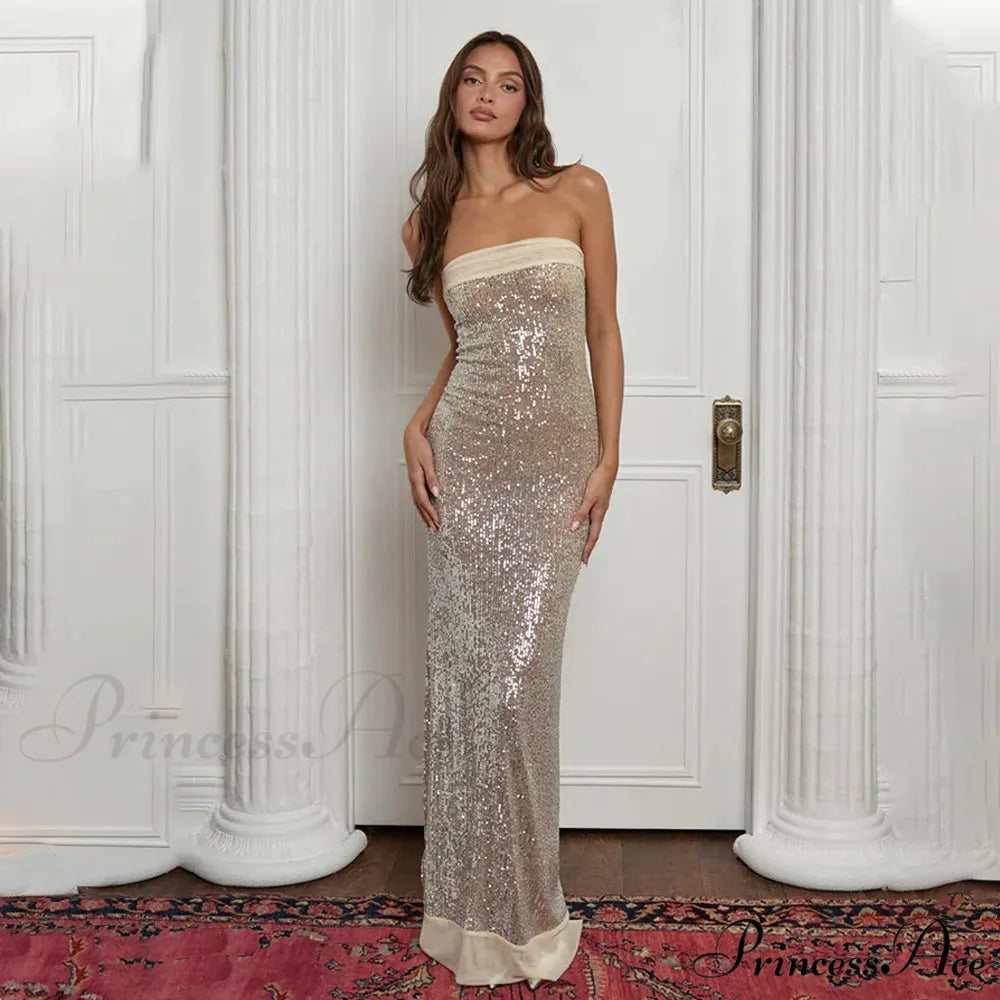 Off-shoulder High Split Sequin Party Dress Champagne / S