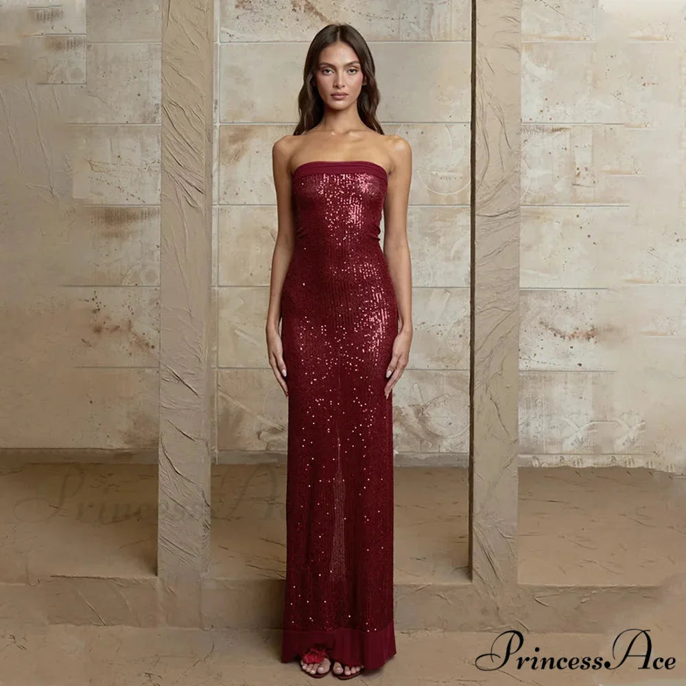 Off-shoulder High Split Sequin Party Dress Red / S