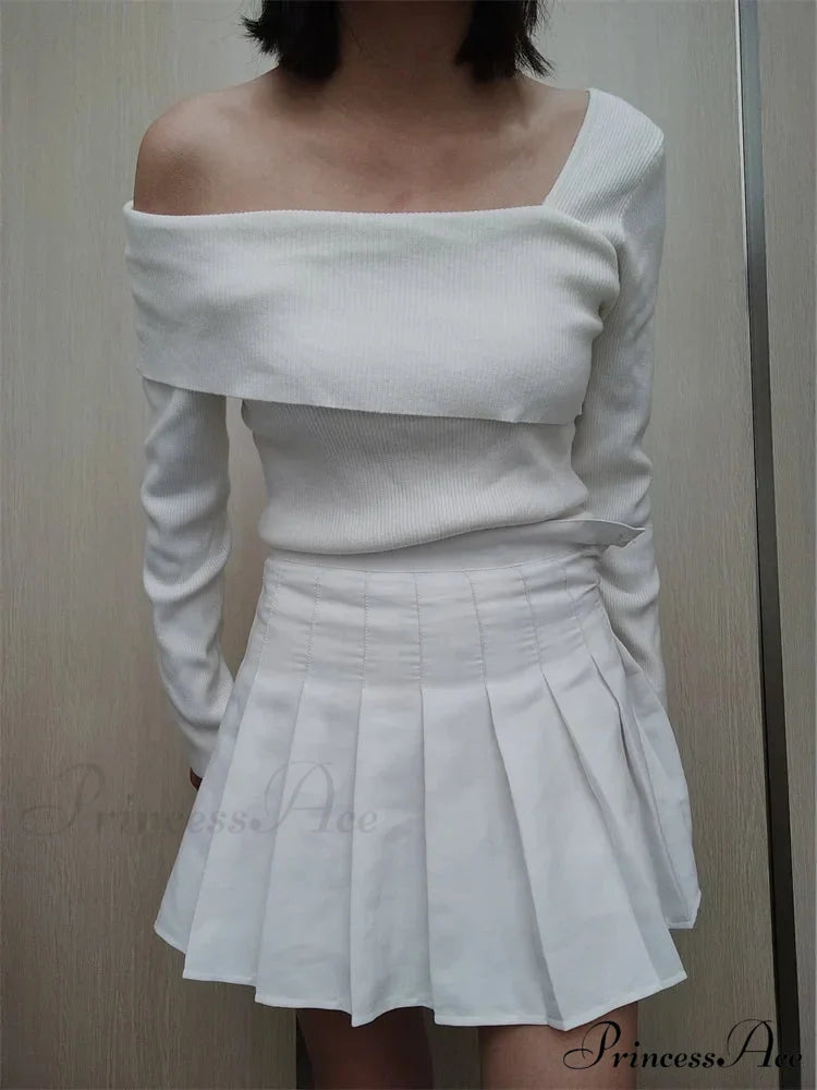 Off Shoulder Irregular Neck Long Sleeve Ribbed Knitted T-shirts