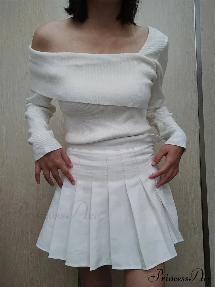 Off Shoulder Irregular Neck Long Sleeve Ribbed Knitted T-shirts WHITE / XS