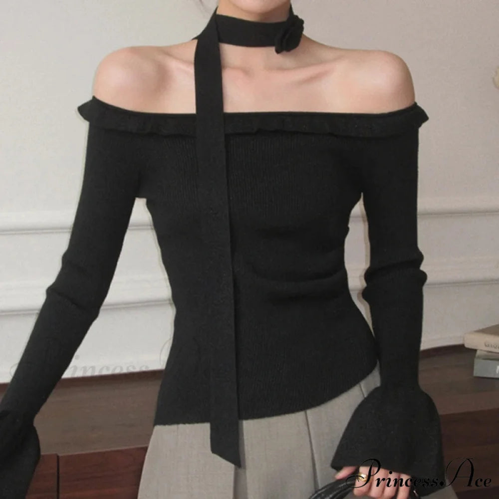 Off Shoulder Knit Crop Long Flare Sleeve Frill Trim Knit Top Black / One Size knittop-250126