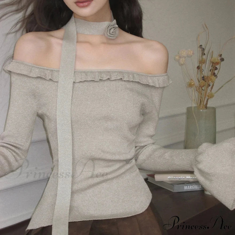 Off Shoulder Knit Crop Long Flare Sleeve Frill Trim Knit Top GRAY / One Size knittop-250126