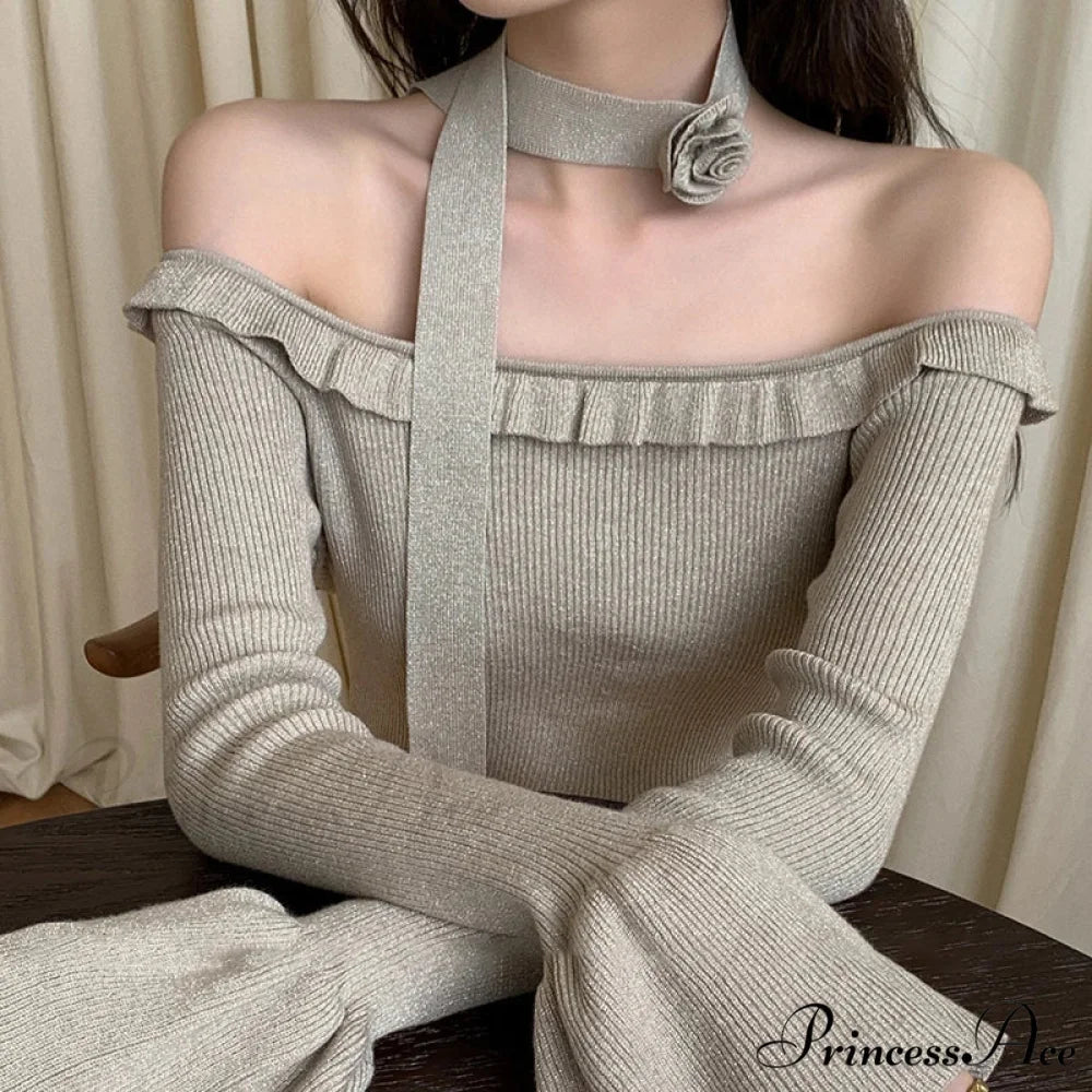 Off Shoulder Knit Crop Long Flare Sleeve Frill Trim Knit Top knittop-250126