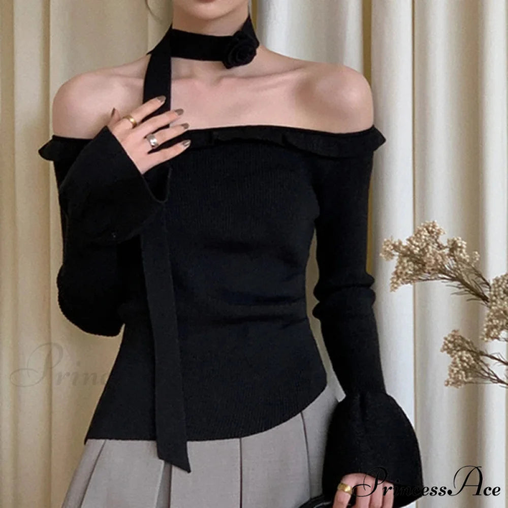 Off Shoulder Knit Crop Long Flare Sleeve Frill Trim Knit Top knittop-250126