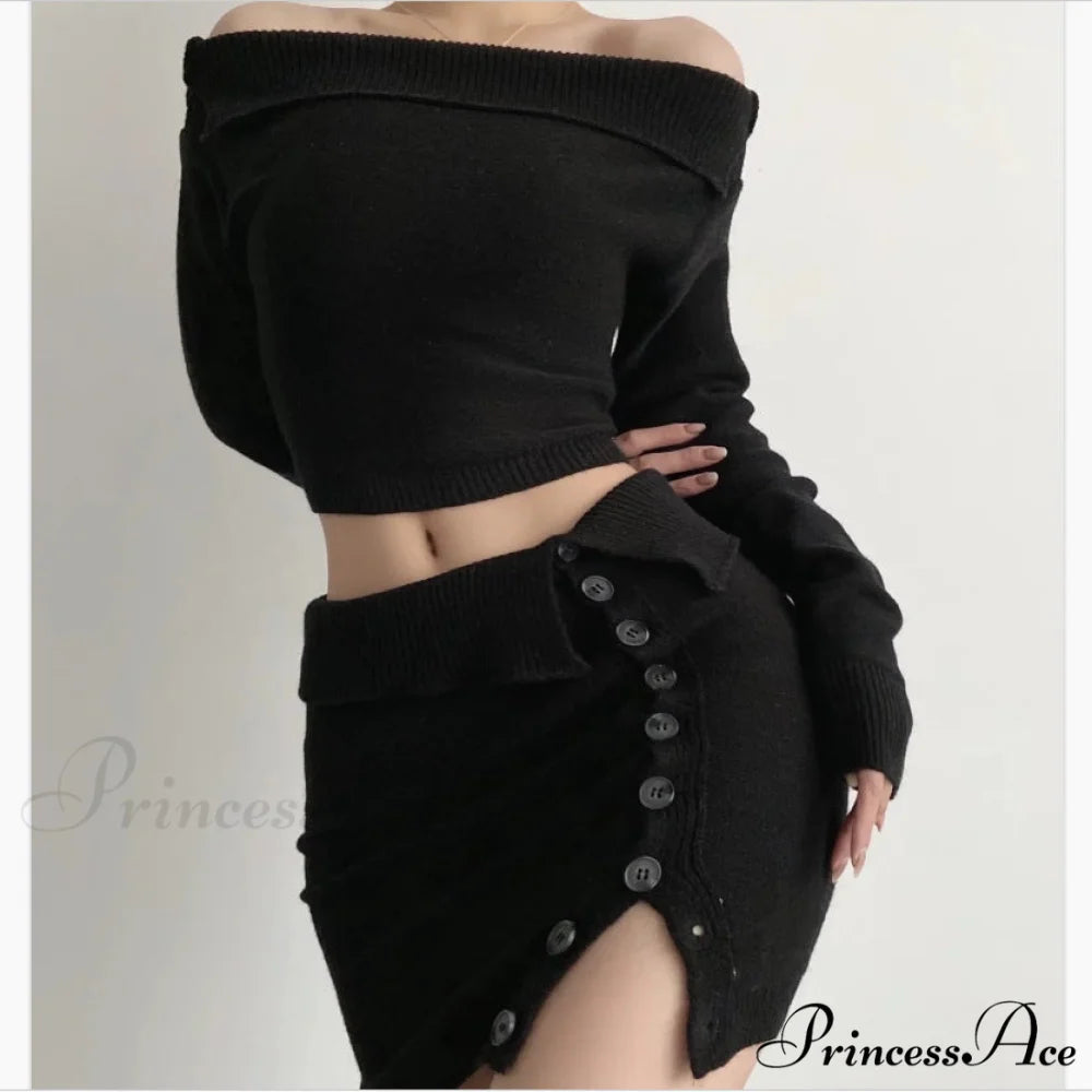 Off-Shoulder Knitted High-Waist Suit Black / S