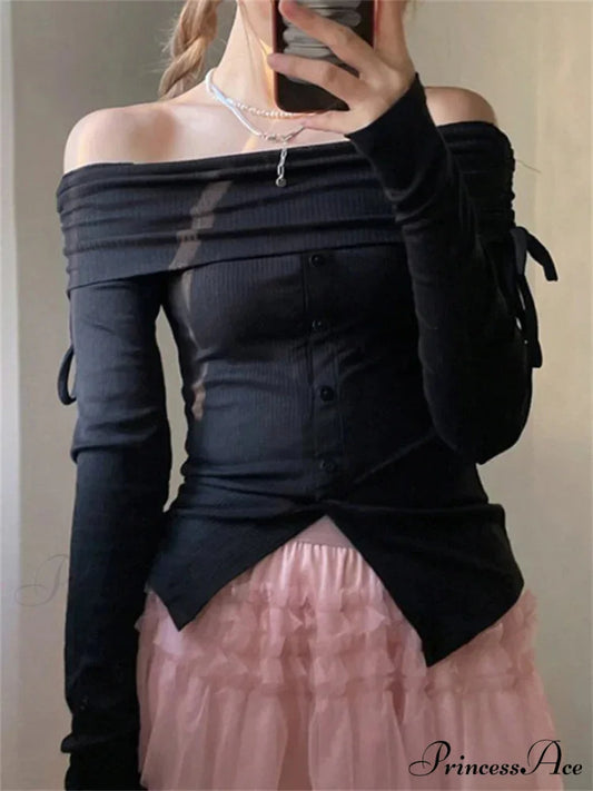 Off Shoulder Knitted Long Sleeve Solid Color Buttoned Front Split T-Shirts