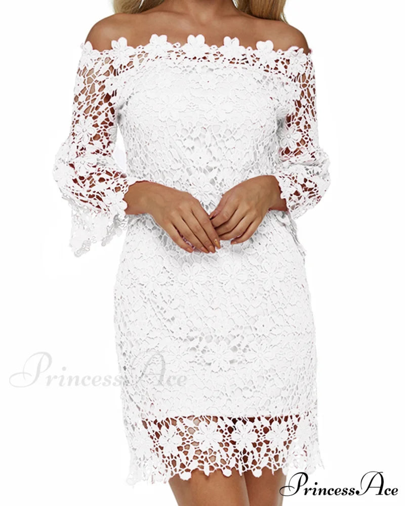 Off Shoulder Lace Patchwork Mini Dress with Flare Sleeves M / Blue