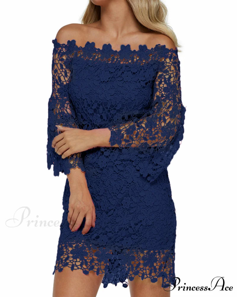 Off Shoulder Lace Patchwork Mini Dress with Flare Sleeves M / Navy