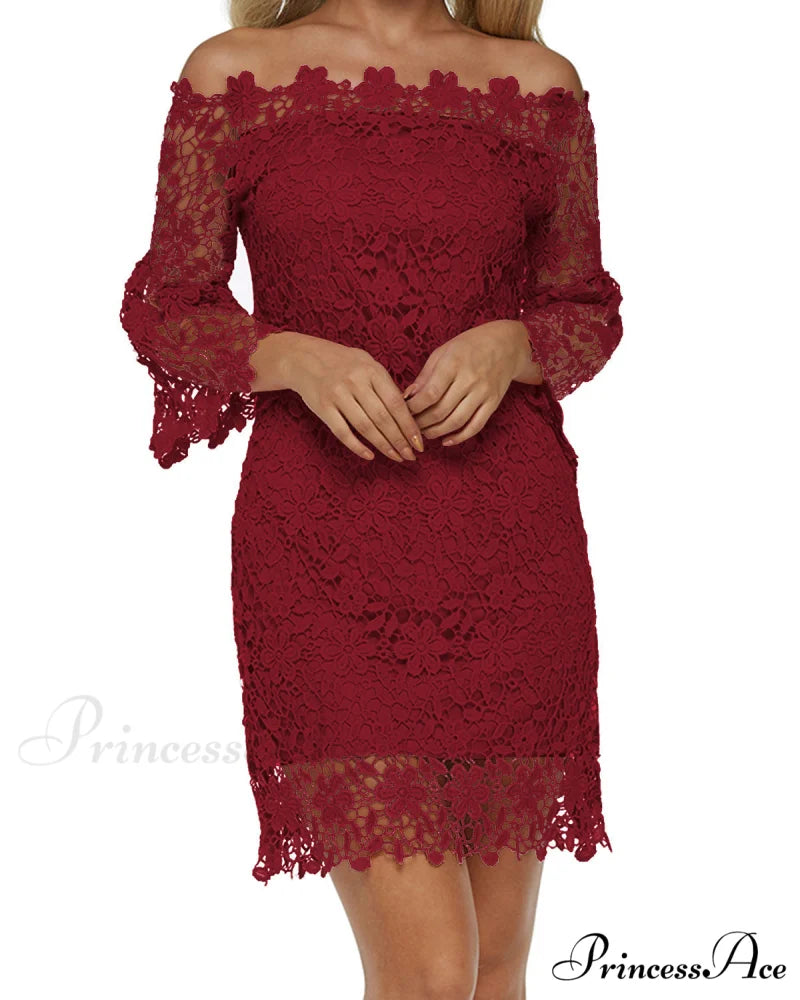 Off Shoulder Lace Patchwork Mini Dress with Flare Sleeves M / Pink