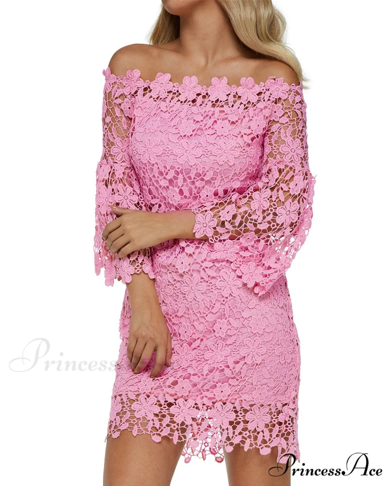 Off Shoulder Lace Patchwork Mini Dress with Flare Sleeves S / Black