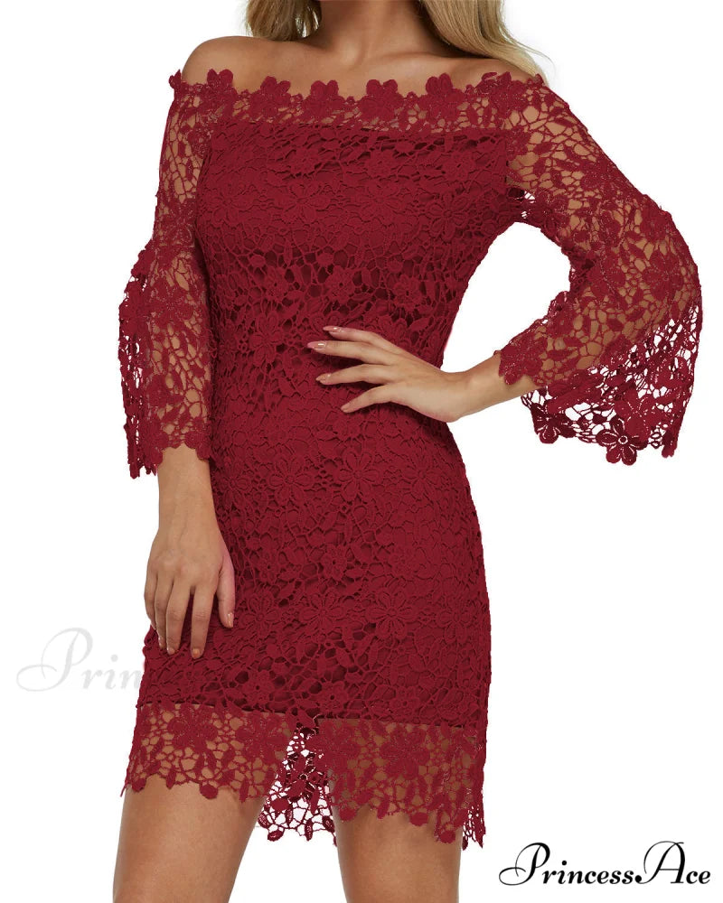 Off Shoulder Lace Patchwork Mini Dress with Flare Sleeves S / Blue