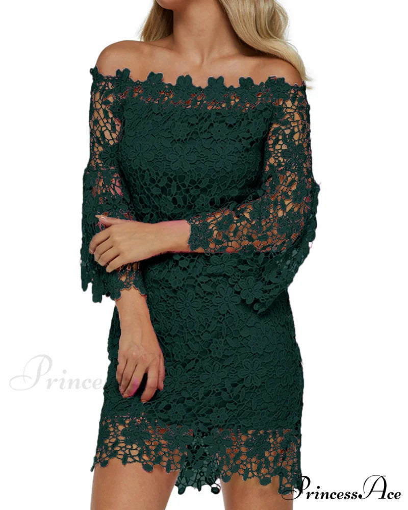 Off Shoulder Lace Patchwork Mini Dress with Flare Sleeves S / Green