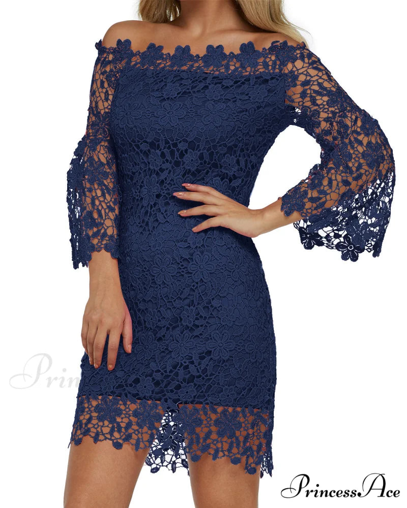 Off Shoulder Lace Patchwork Mini Dress with Flare Sleeves S / Navy